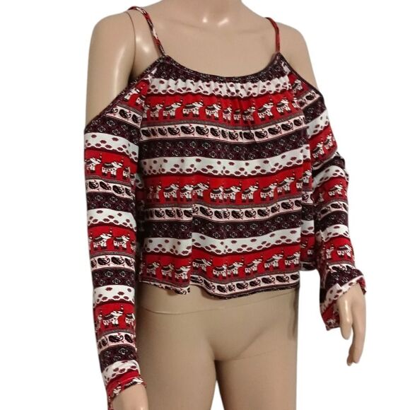 Y2K H&M Elephant Print Top XS Coachella Cold Shoulder Boho Peasant Bohemian Crop - Picture 4 of 12